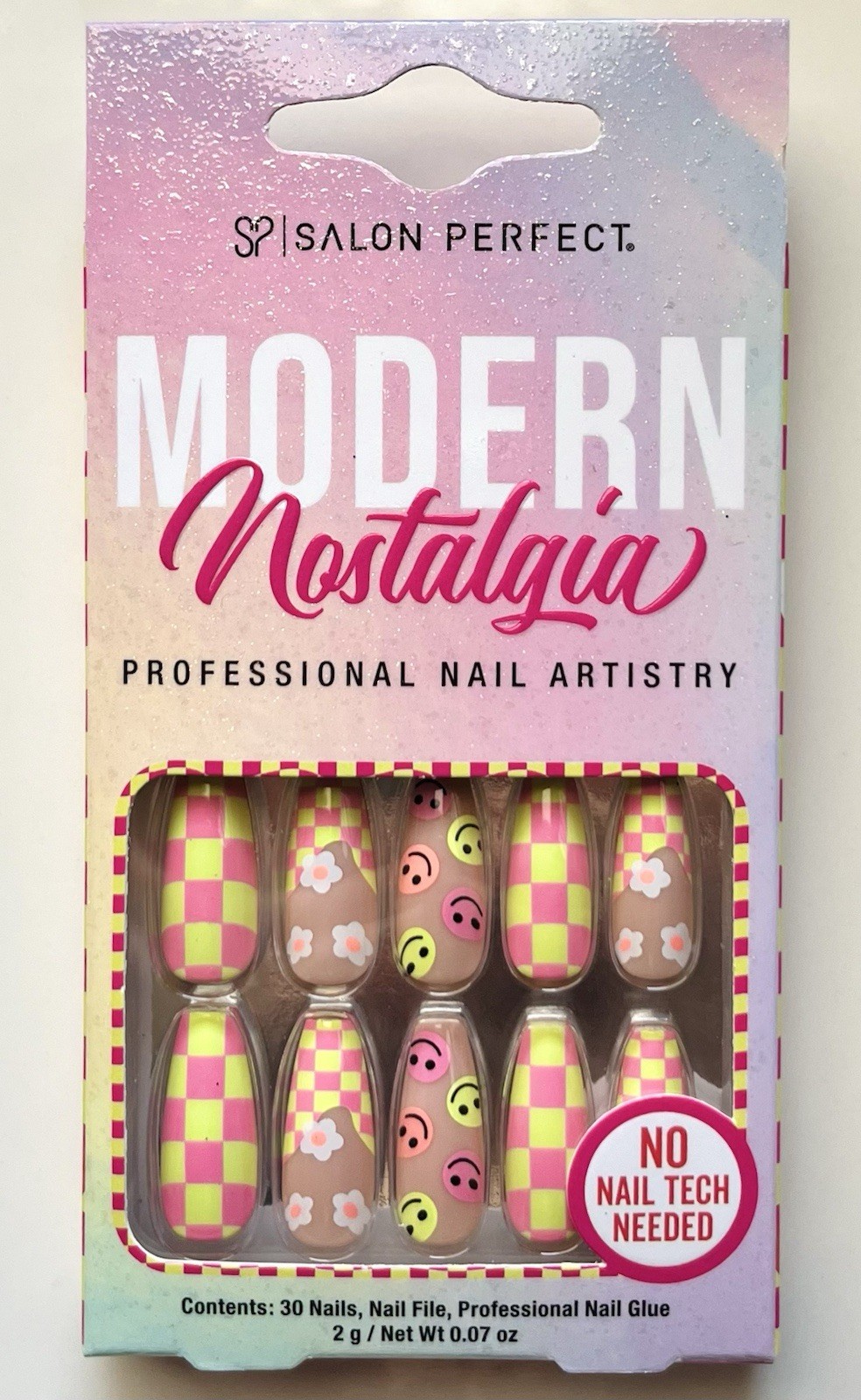 🌼 Press-On Nails Long Length Y2k Pink Checker Smiley Face Floral Salon Perfect