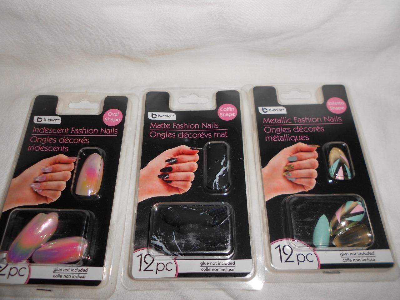 Lot 3 12pk B-Color Matte Black, Iridescent & Gold Pink &Teal Fashion Nail NEW