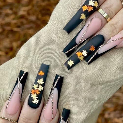 French Tip Press On Nails, 24pcs Long Coffin Maple Leaves Glitter Designs