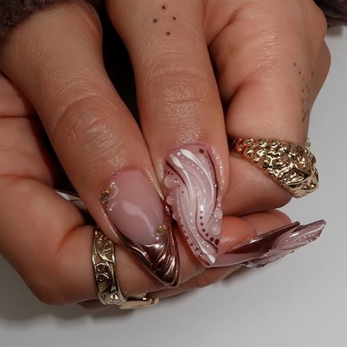 24Pcs Brown Flower Medium Almond Press on Nails Embossed Brown Hibiscus Style