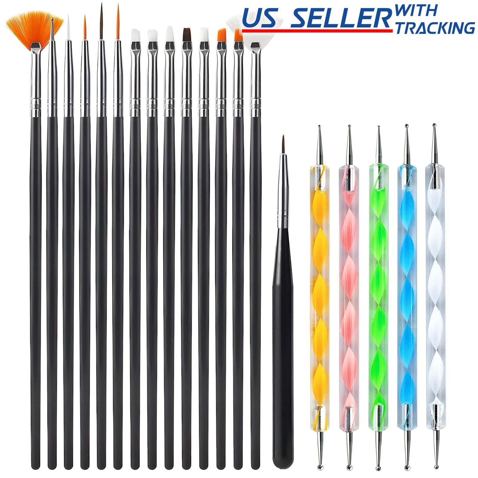 20pc Set Nail Art Design Dotting Painting Drawing Polish Brush Pen Tools Black