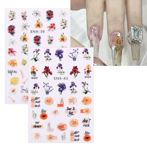 12 Sheets Flower Nail Art Stickers Decals Self-Adhesive Pegatinas Uñas Spring