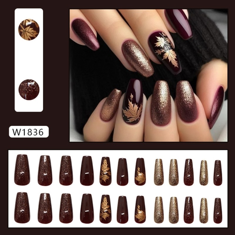 Pack of 24 Autumn Maple Leaf False Nail Golden Amber Shimmering Natural Fit