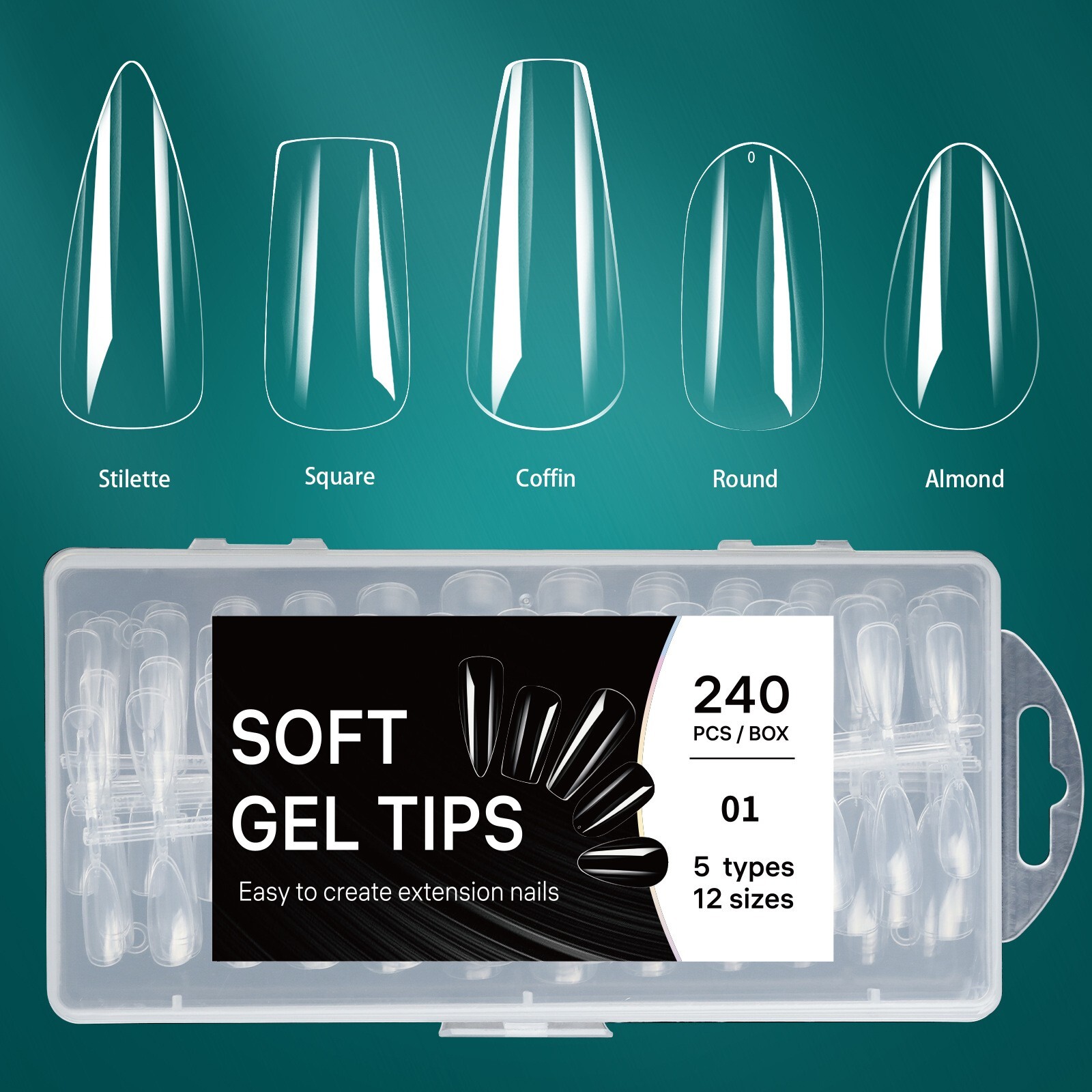 240pcs Nail Plate False Nail Tips 5 Mix Shapes Set Stiletto/Square/Coffin/Almond