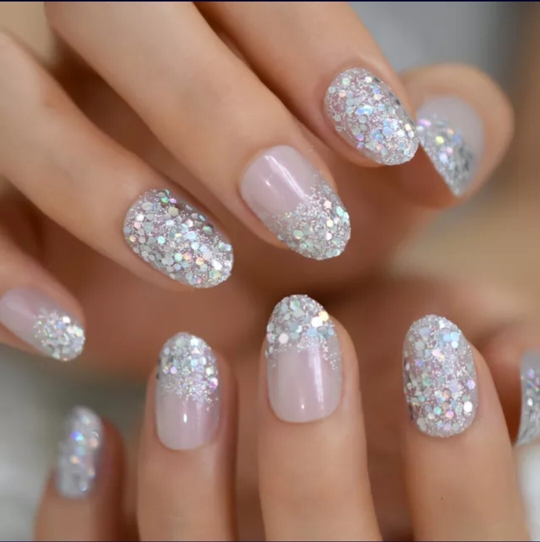 24 pink nude Short Press on nails Holographic glitter oval almond iridescent