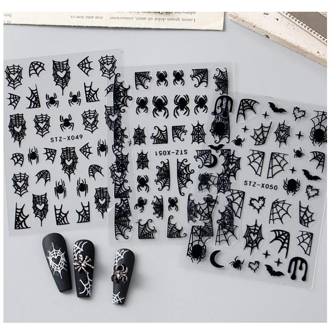 Halloween Nail Art Stickers Black White Spider Web Blood Star French Decals NH30