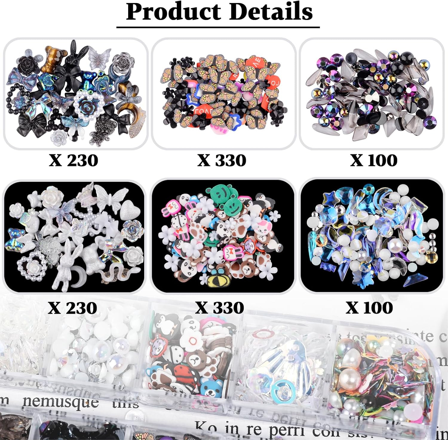 1400 Pieces 3D Butterfly Rose Flower Bow Rabbit Bear Nail Charms Kit with Nail A