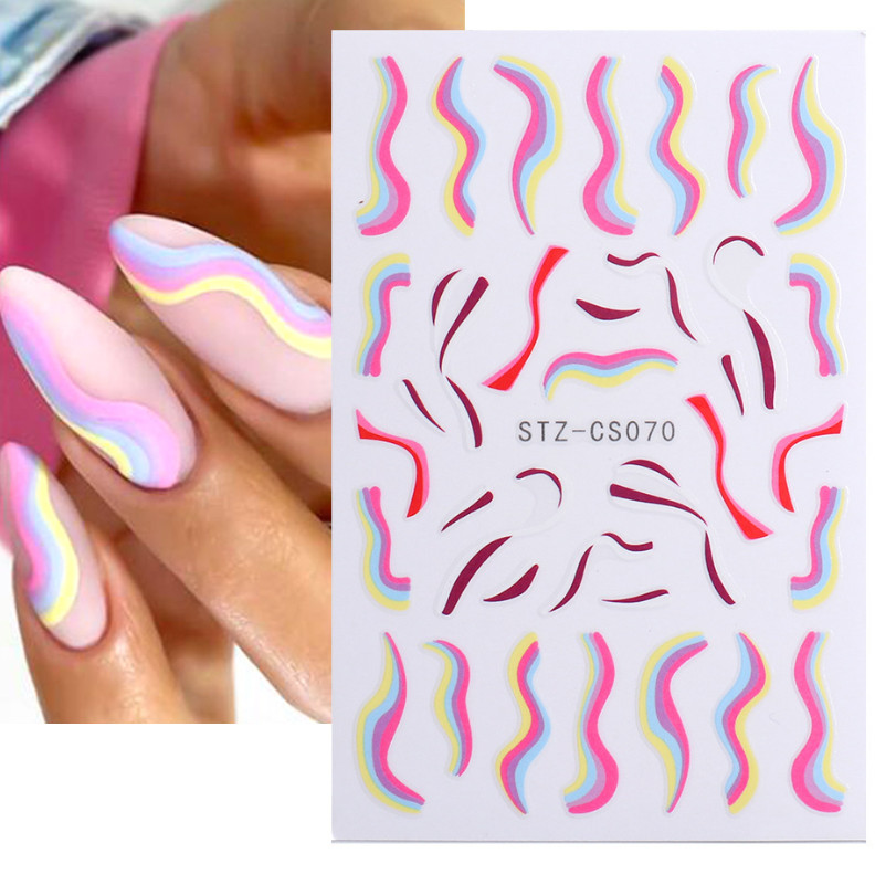 7Pcs Nail Art Stickers Decal Pink White French Line Swirl Wave Geometric NS7