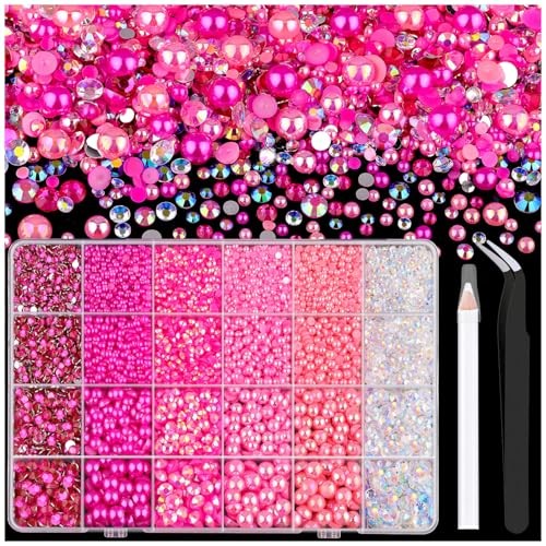 9000PCS Flatback Pearls and Rhinestones for Crafting Mixed Size 3 Dark Pink