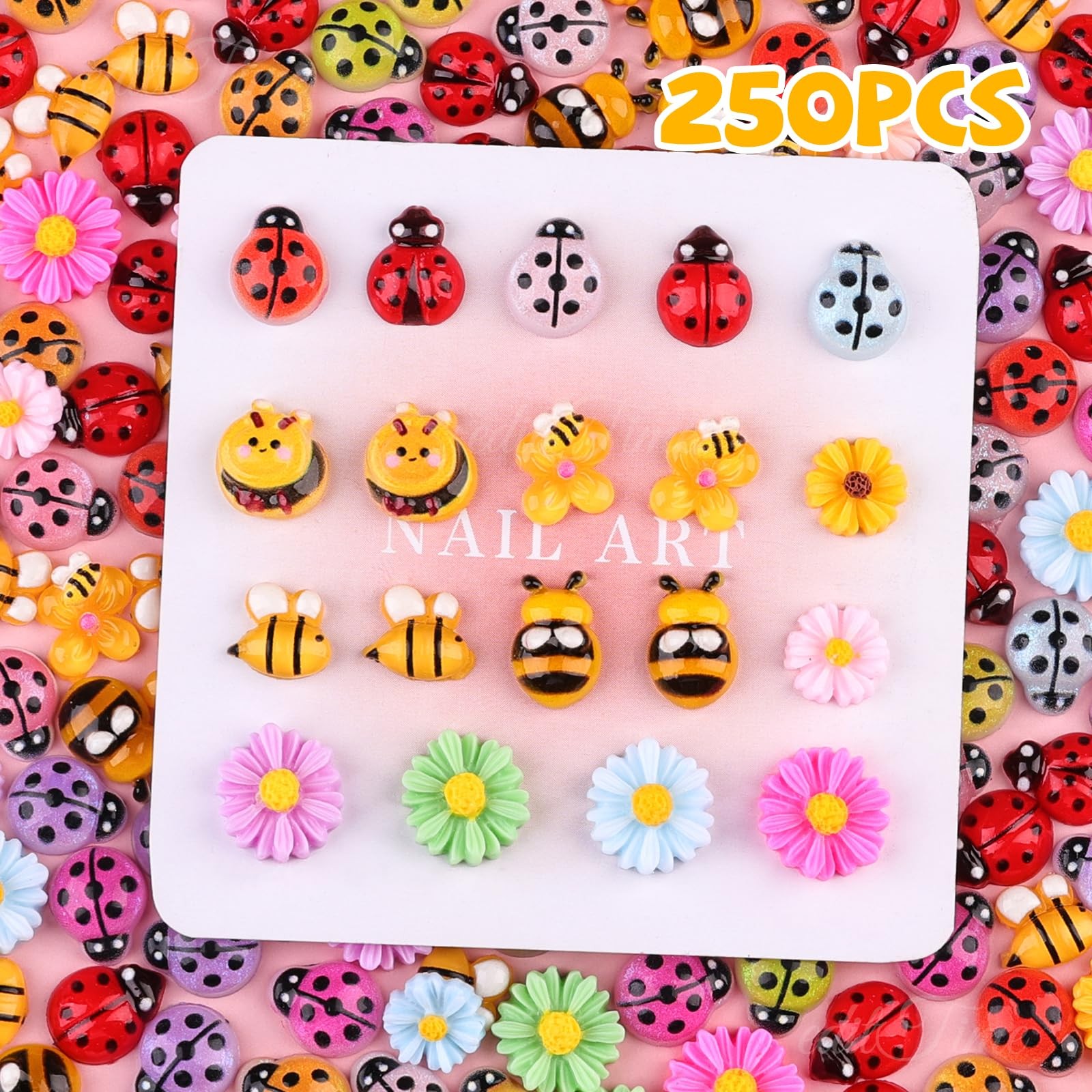 250Pcs Ladybug Nail Charms, Tiny Bee Nail Art Charms Resin Cartoon Daisy Flow…
