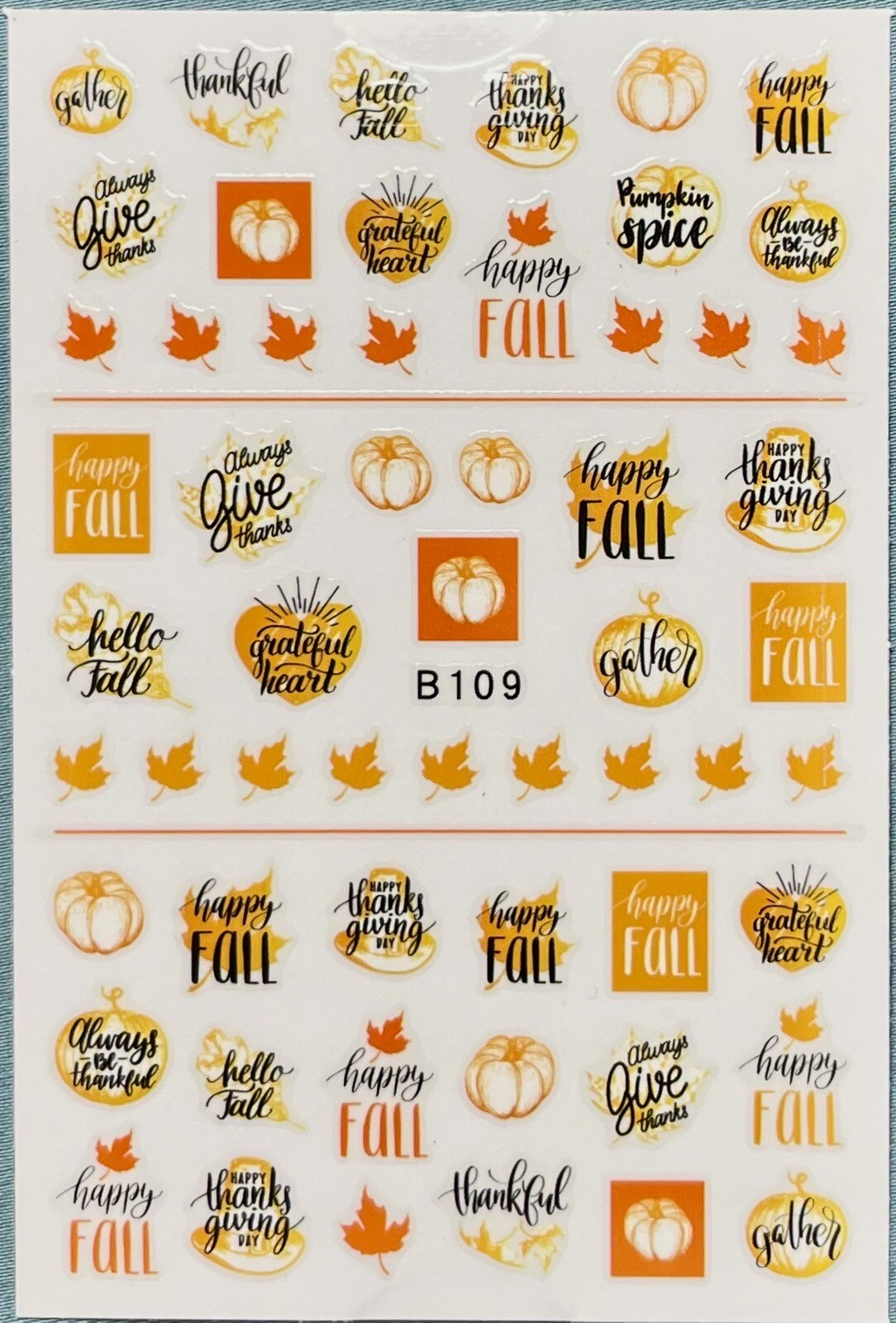 Nail Stickers Art Decal DIY Design 3D Waterproof Fall Leaves Pumpkin B109