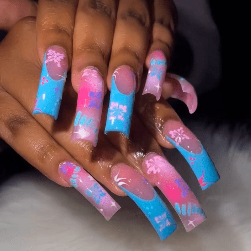 48pcs Y2K Blue Pink Hawaii Style Press on Nails, Sweet Cool Long Fake Nails