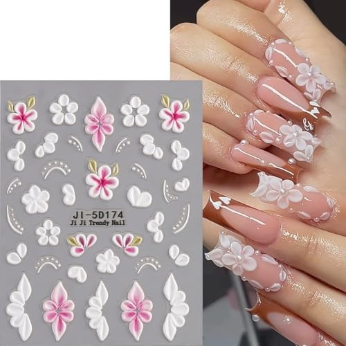 5D Embossed Flowers Nail Art Stickers, 5PCS Self-Adhesive Pink Colorful-04