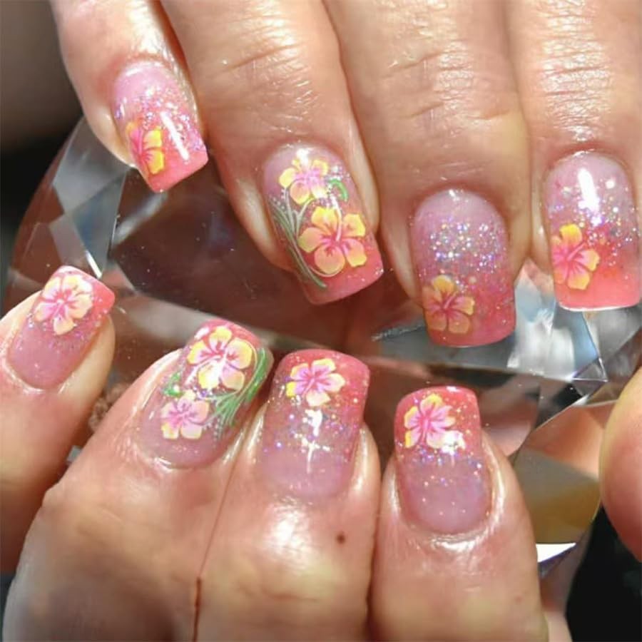 24 Pcs Hibiscus Flower Press on Nails Short Square Fake Nails Pink Gradient F…