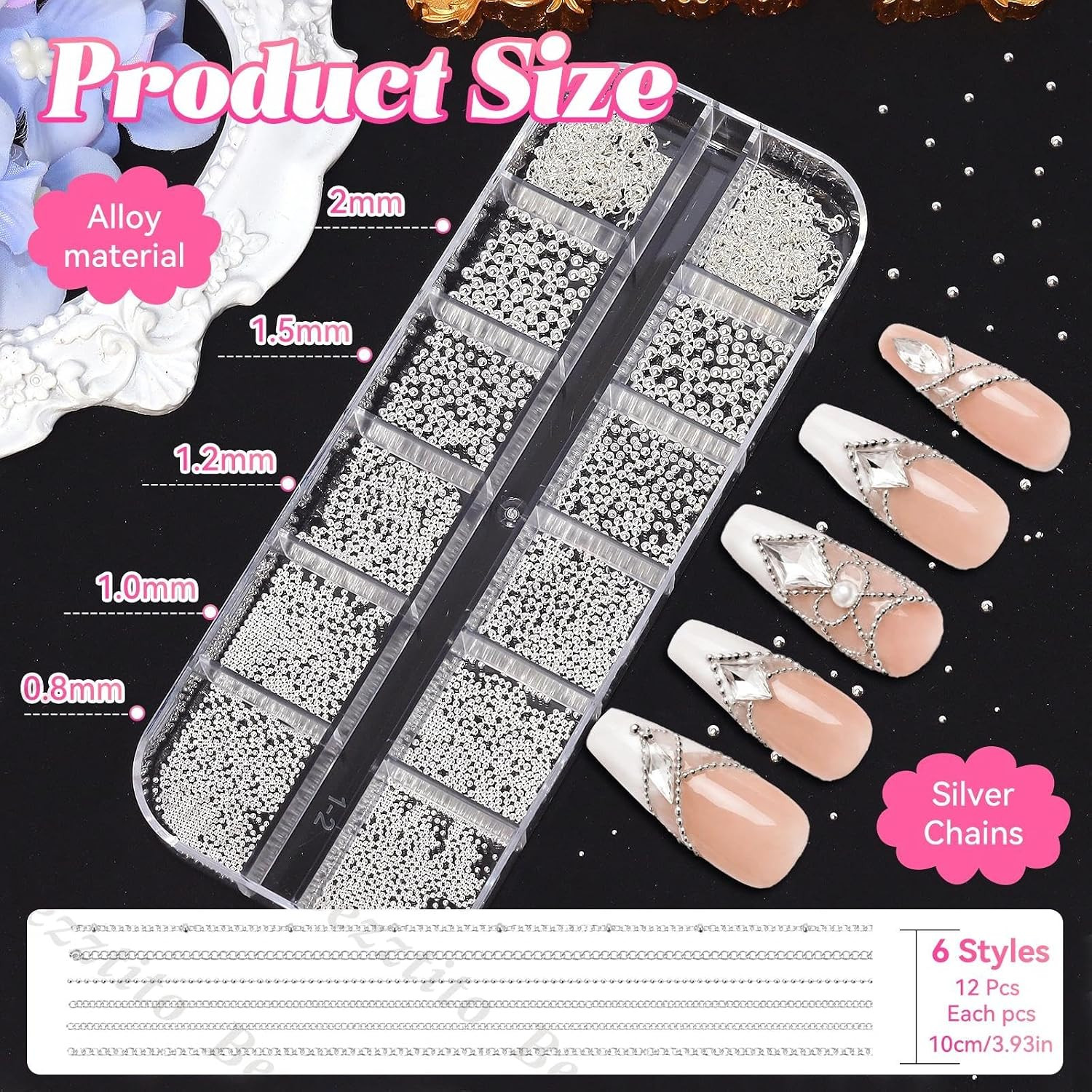 Silver Caviar Nail Beads 0.8-2Mm, Nail Chains & Metal Beads Acrylic Nails