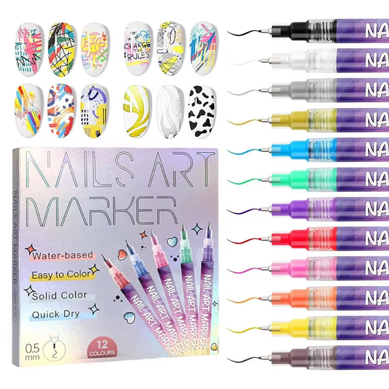 12Pcs/Set Nail Acrylic Graffiti Pen 12 Color Nail Marker Drawing DIY Beauty Nail