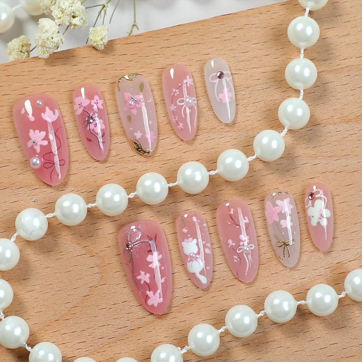 30Pcs Pink Flower Press on Nails Medium Almond 1 Ounce (Pack of 1), color
