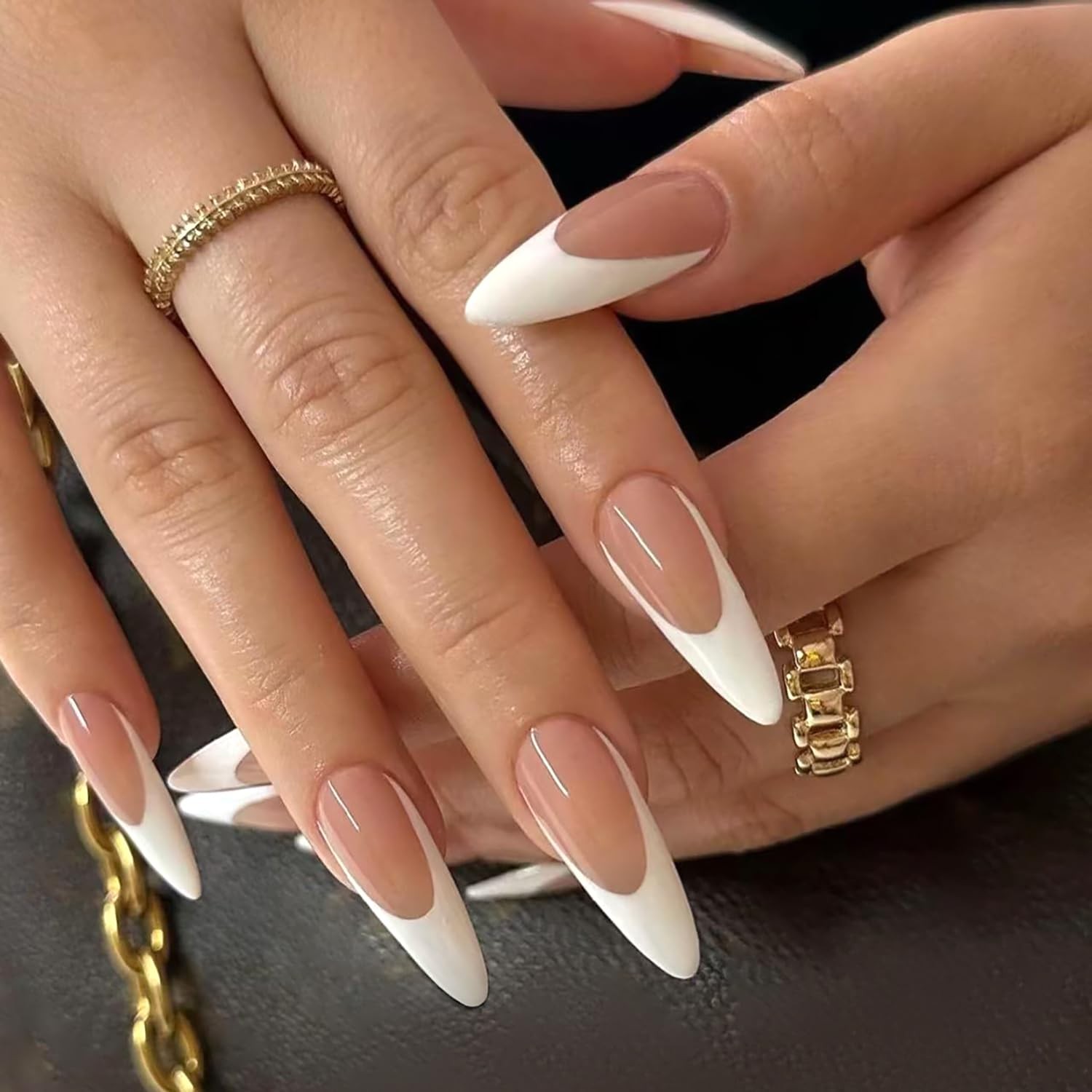 Extra Long Almond Press on Nails White French Tip Fake Multicolor