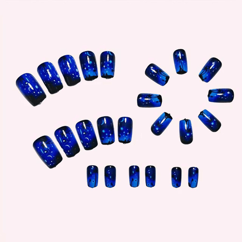 48Pcs Coffin Galaxy Palm Tree Press on Nails Star Moon Vacation Night Party Wear