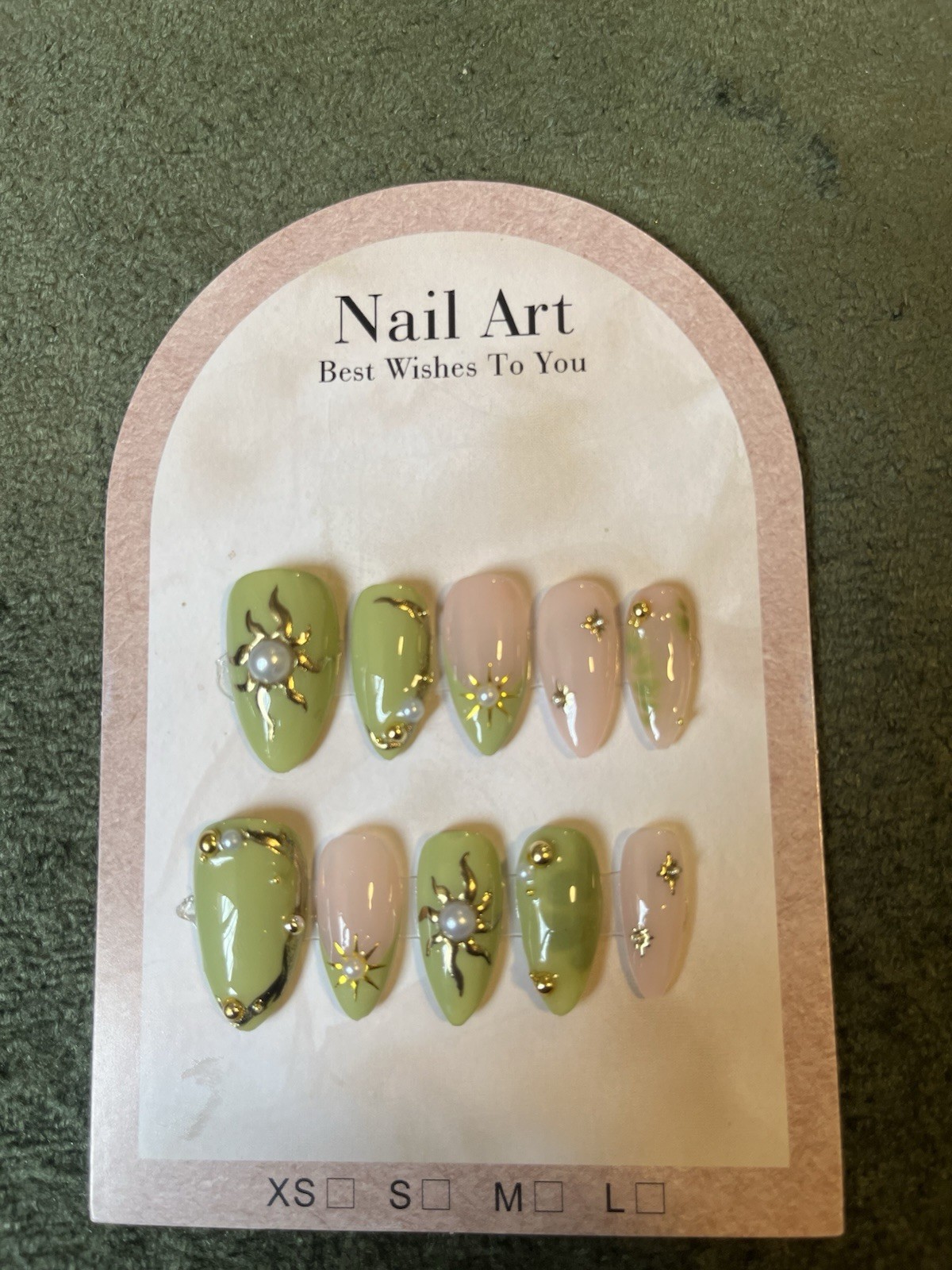 Almond Medium Press-On Nails Green Pink Gold Star Theme 3D Shiny Full Cover Set