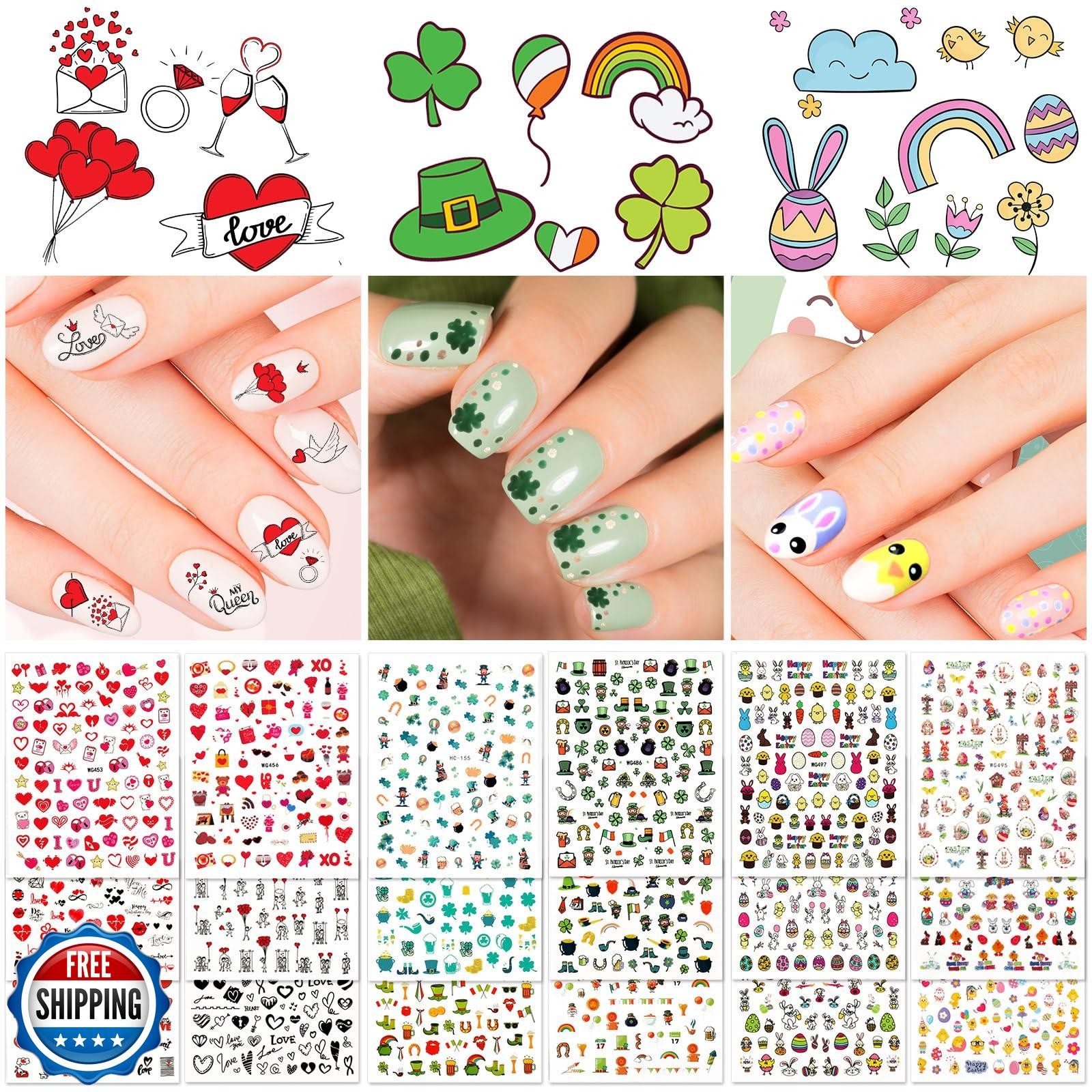 Whaline 18 Sheets Valentine’s Day Love Heart Nail Art Stickers Shamrock Gnome