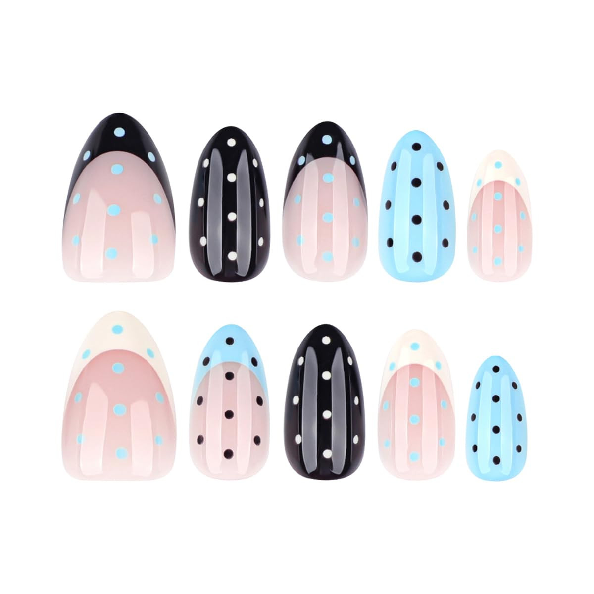 Polka Dot Press on Nails Short Almond Fake Nails Summer Blue Nails Press Ons wit