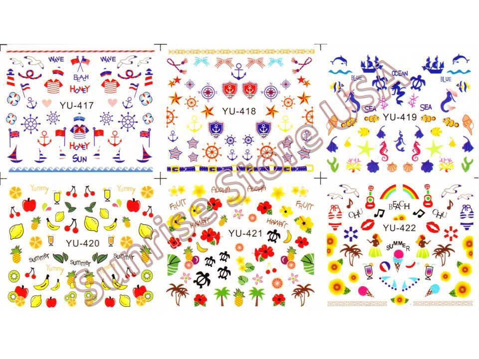 Nail Sticker Water Transfer Palm Tree Hawaii Anchor Fruit Flower Flag Bird Beach