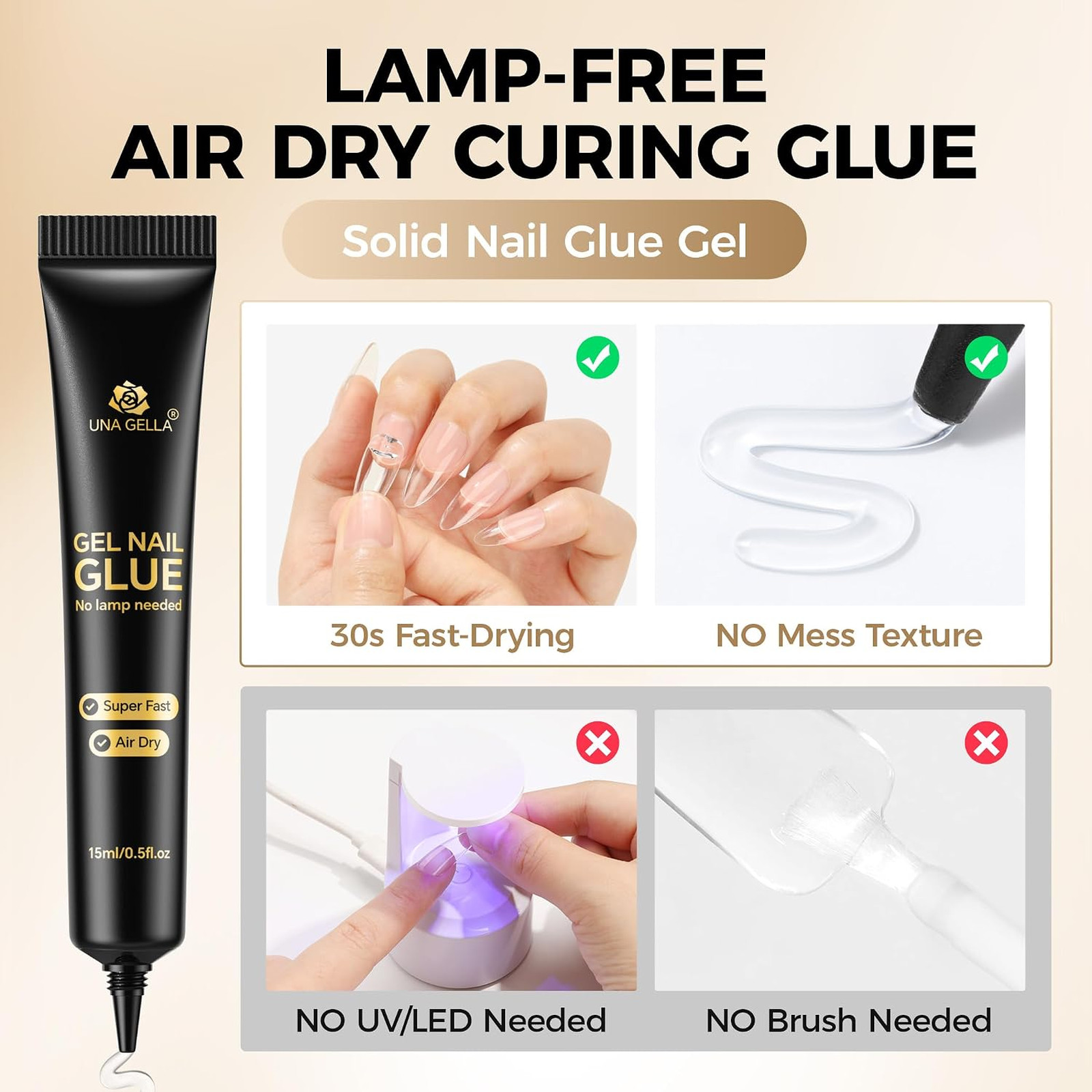 Nail Glue Strong Gel No UV 15g, 2 Pieces, Nail Press On Adhesive, Air Dry, Semi