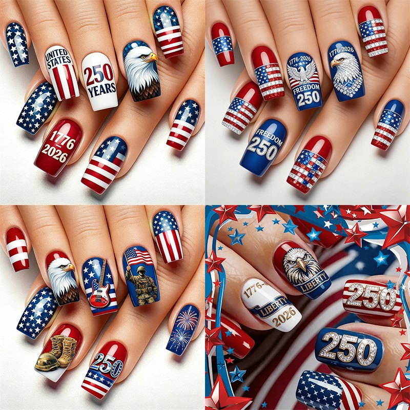 96Pcs Glossy Nails, USA 250th Anniversary, Flag & Eagle Pattern