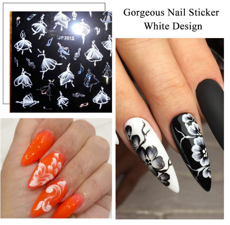 5D Embossed Snowflake Butterfly Rose Flowers Nail Stickers White Decals DIY NH14