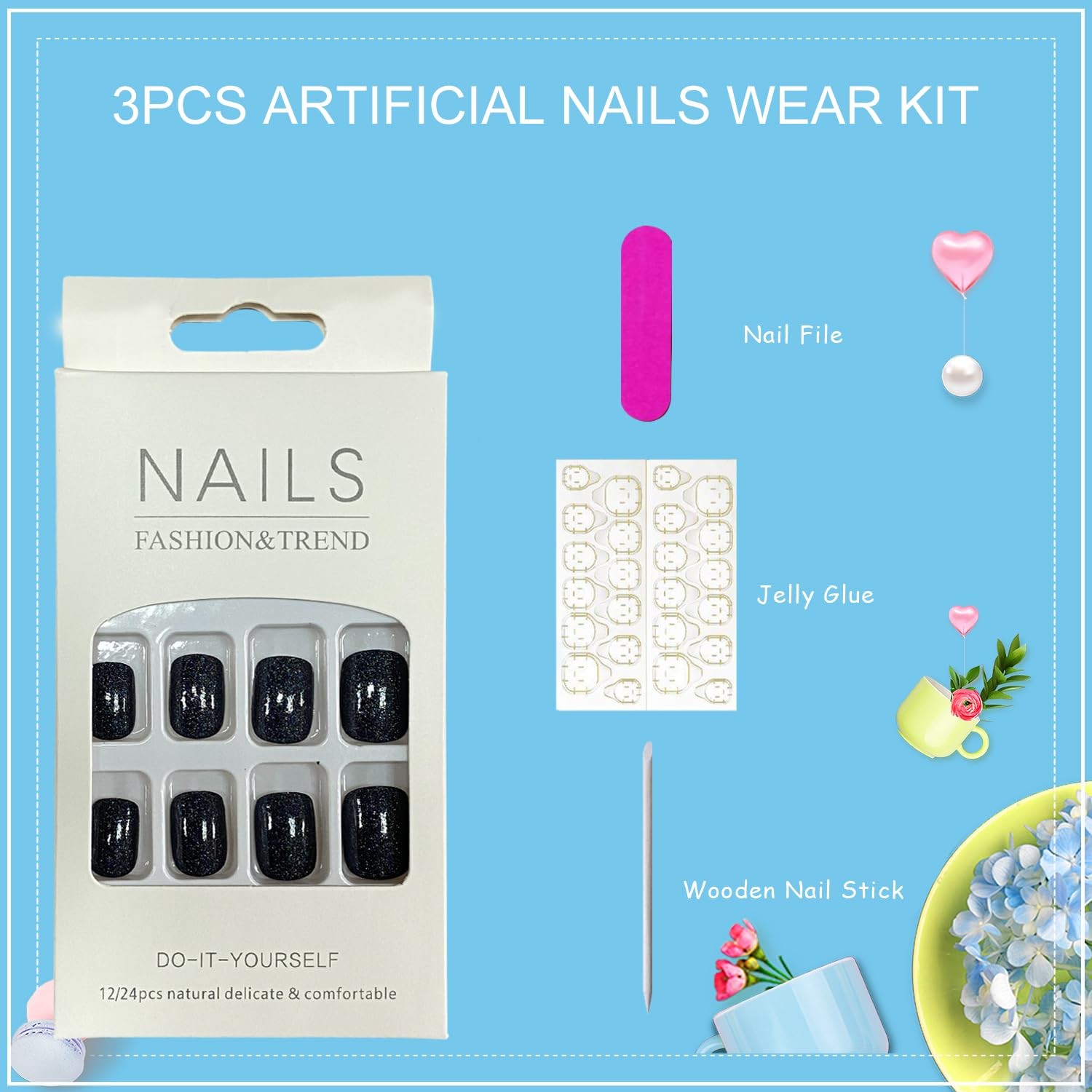 Tyuimhx Black Press on Nails Short Square 0.04 Fl Oz (Pack of 24), Multicolor