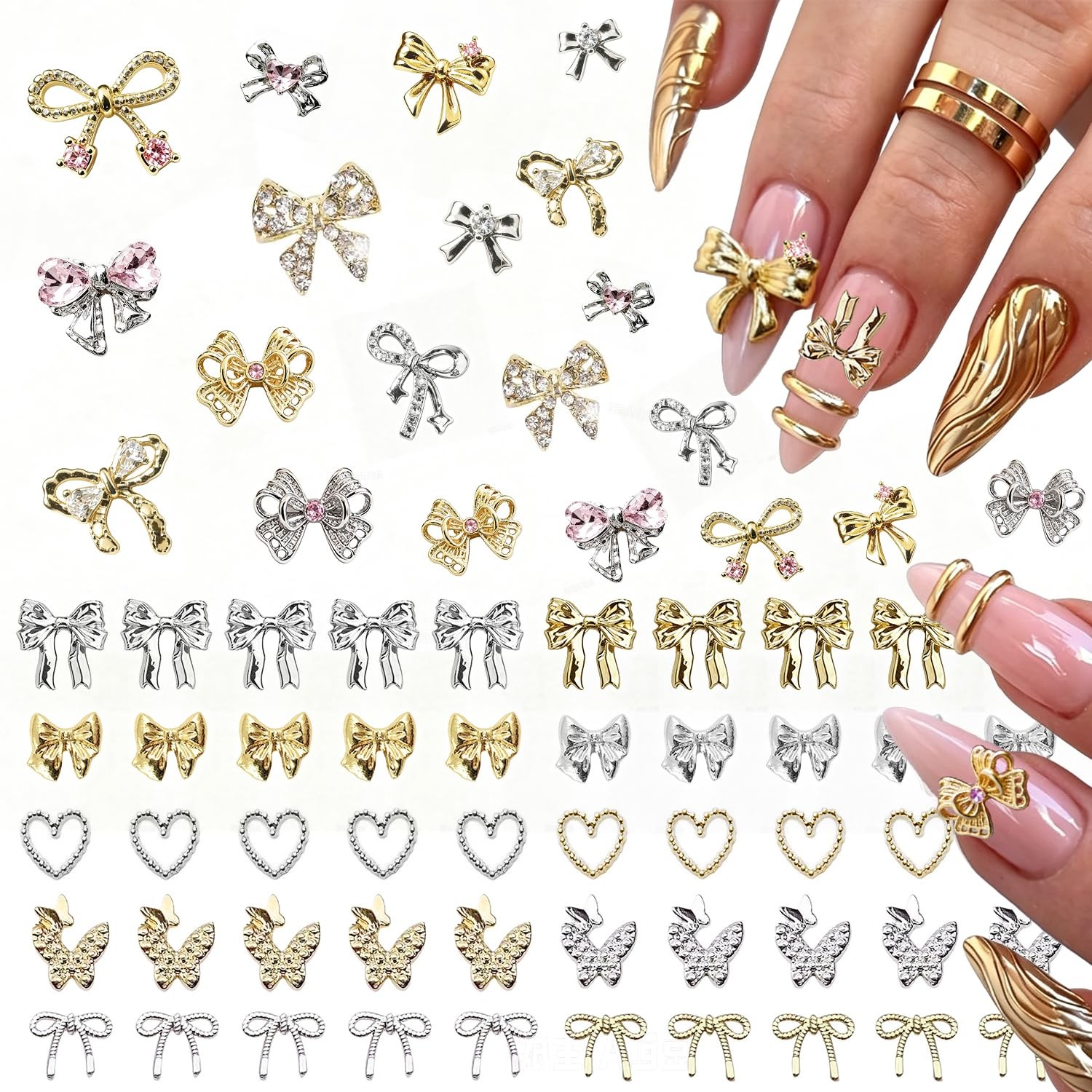 80Pcs Bow Nail Charms Gold Silver Bowknot Nail Art Charm and Gems with Rhines…