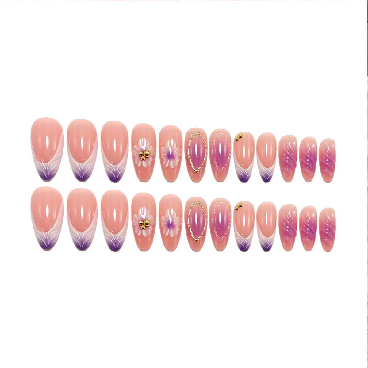 24Pcs French Tips Press on Nails Long Almond Fake Nails 3D Flower False Nails Pu