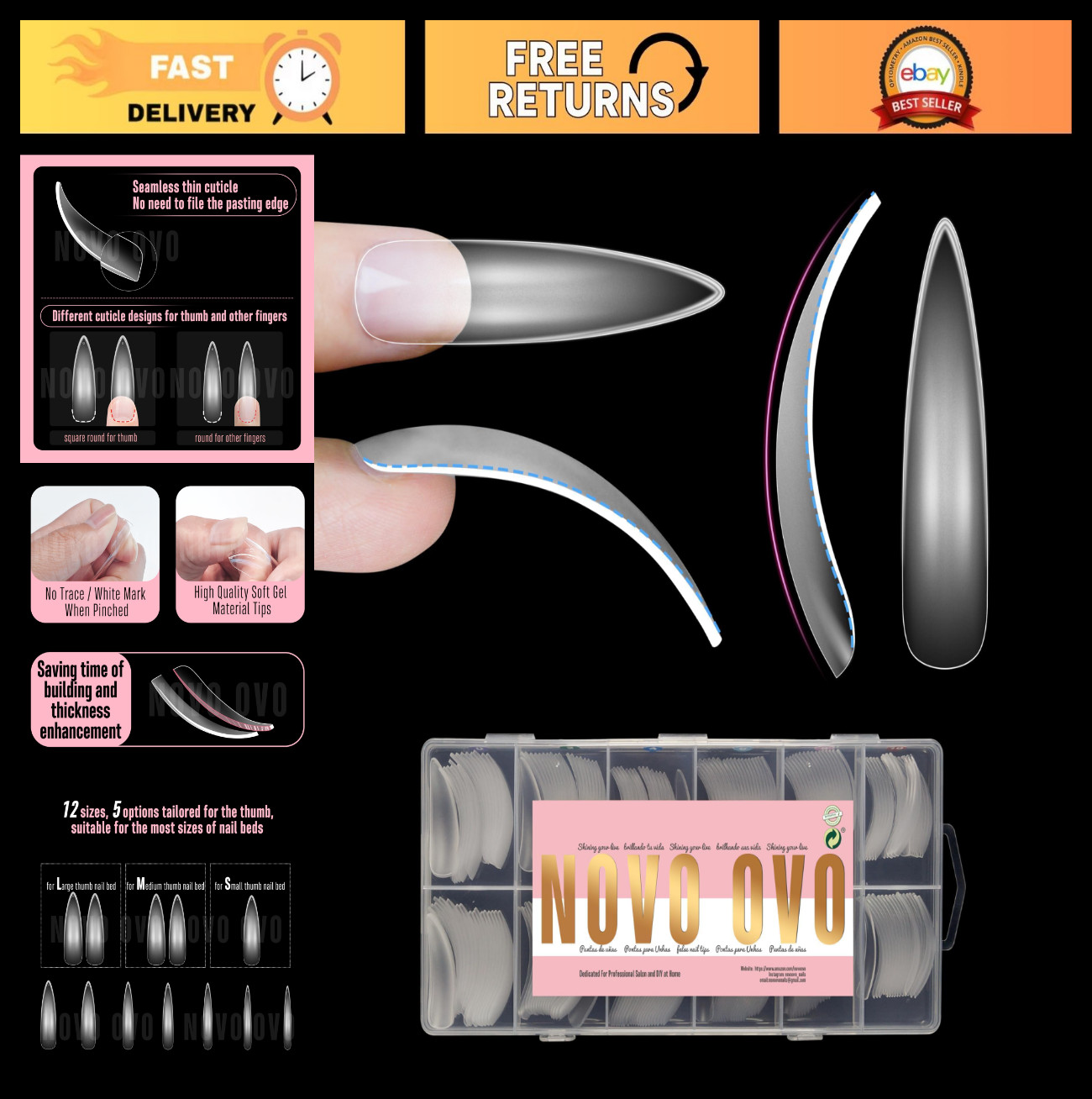 XXL Curved Almond Stiletto Nail Tips – 240 Pcs Clear Press-On Gel Nails, Extra T
