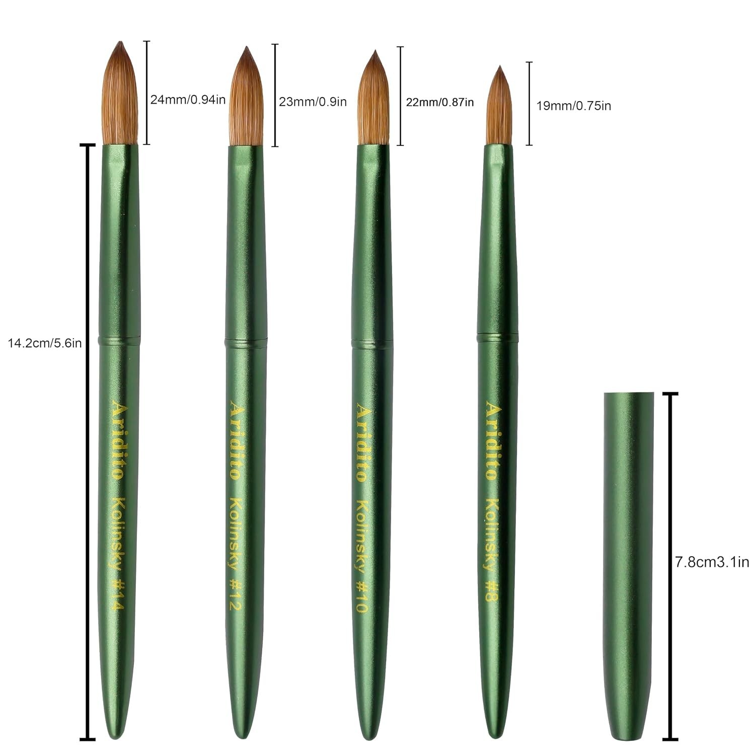 Aridito #10 Kolinsky Acrylic Nail Brush with Cap Matte Green Professional