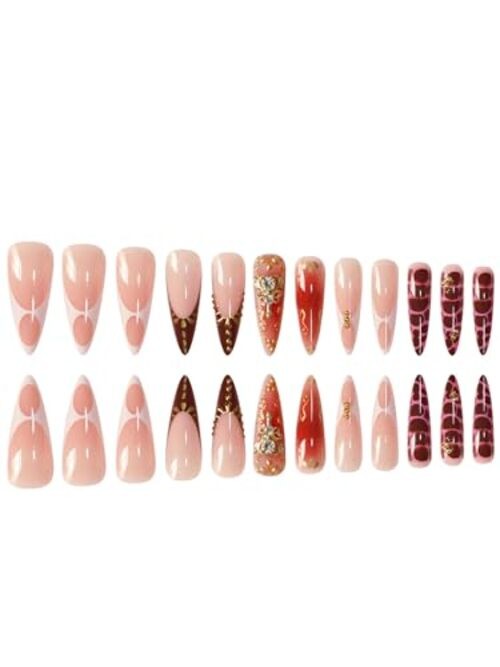Long Press on Nails Almond Fake Nails with Gold Detail Nude and Burgundy 2
