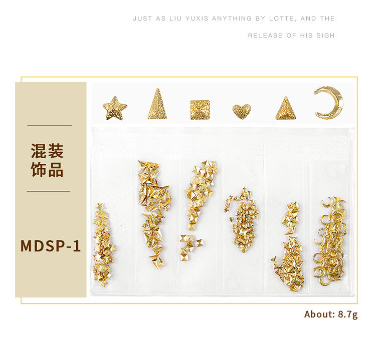 10 Packs Gold Nails Art Metal Rivets Studs Hollow Round Stars 3D Decoration Tips