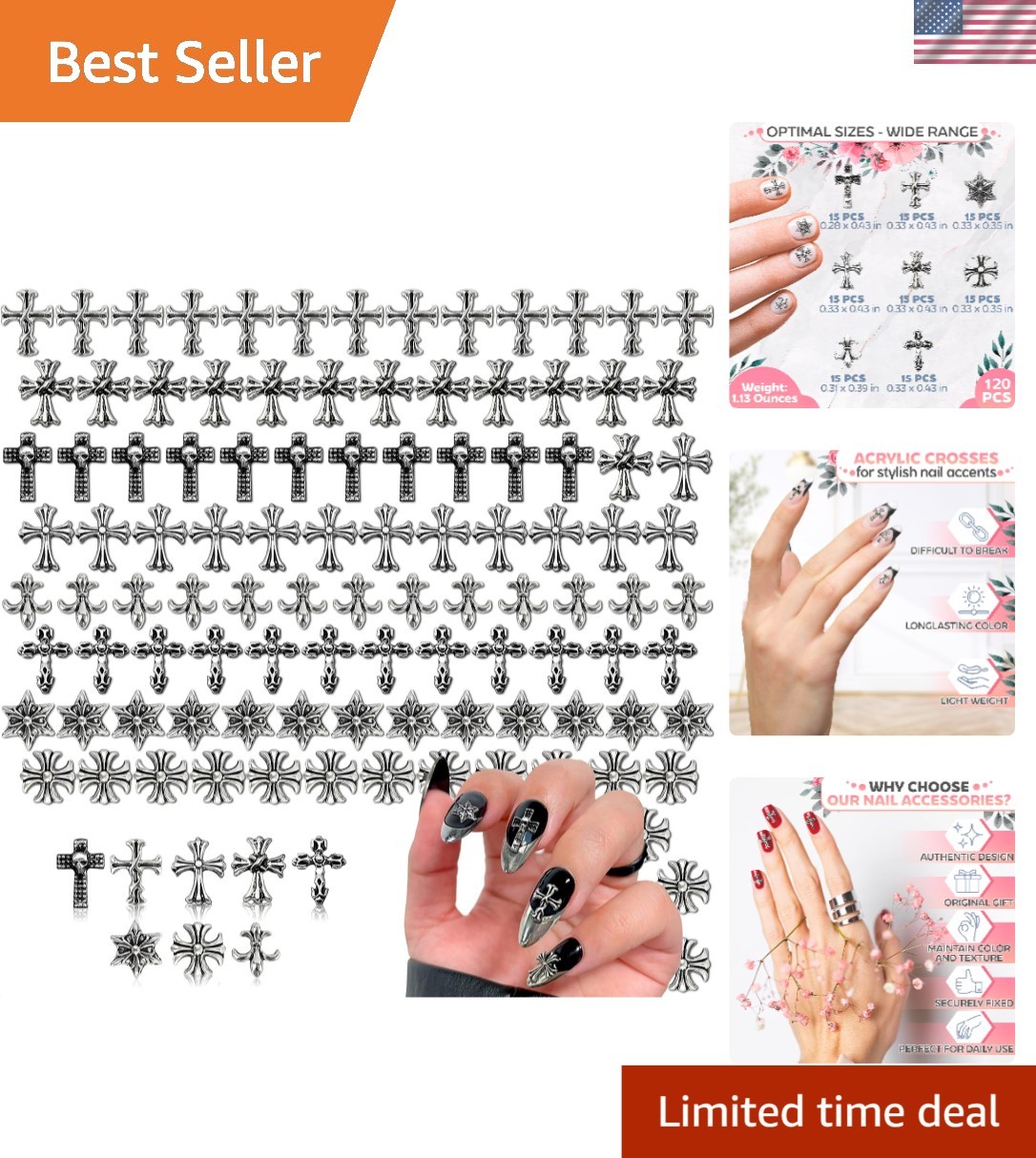 8 Unique 120 Pcs Cross Nail Charms for Press-On & Acrylic Nails – Glossy Finish