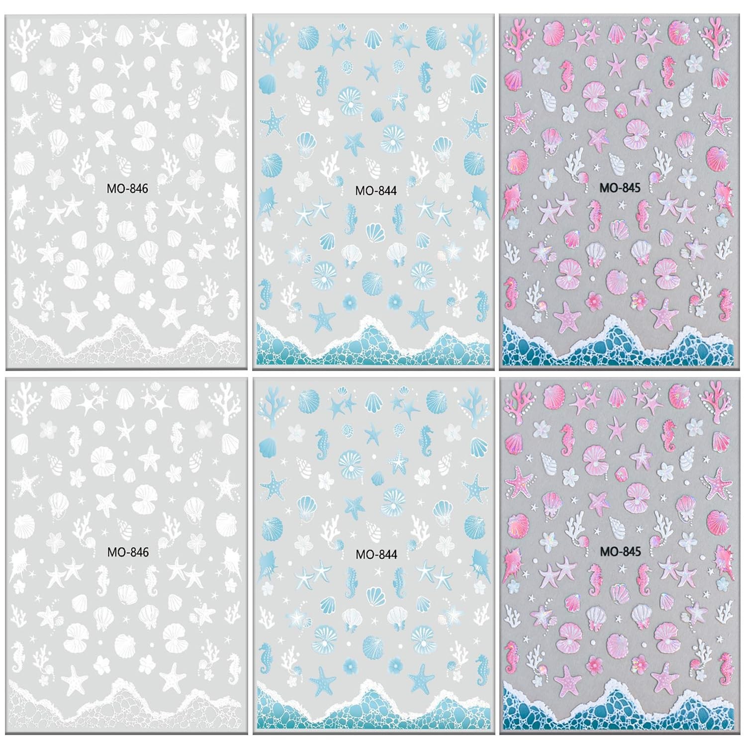 Holographic Ocean Nail Art Stickers – 6 Sheets Self-Adhesive Sea Star Shell C…