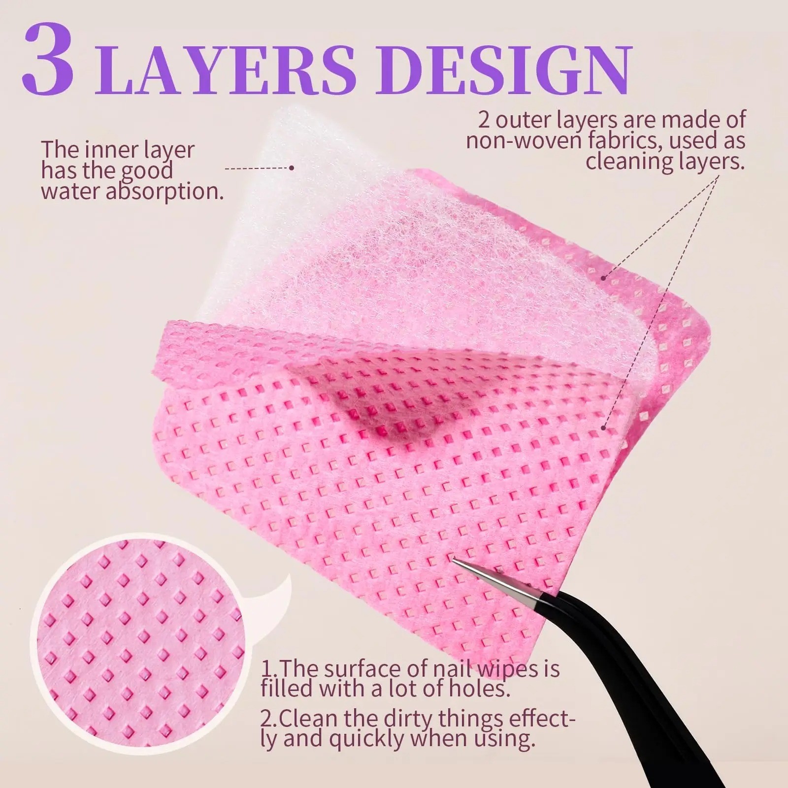 Lint Free Nail Pads – 200 Pcs Gel Cleaning Wipes for Salon Use – Pink