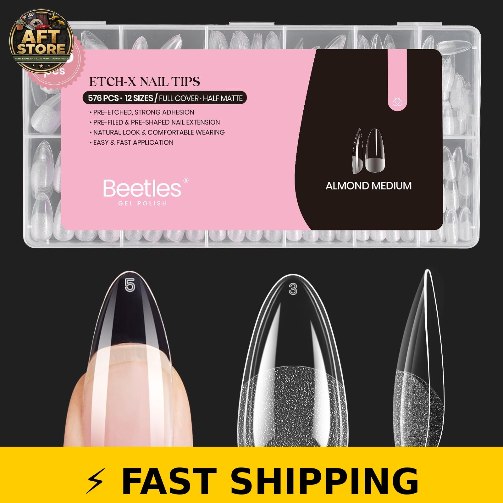 Beetles Medium Almond Nail Tips 576pcs, Pre-Etched Soft Gel Tips