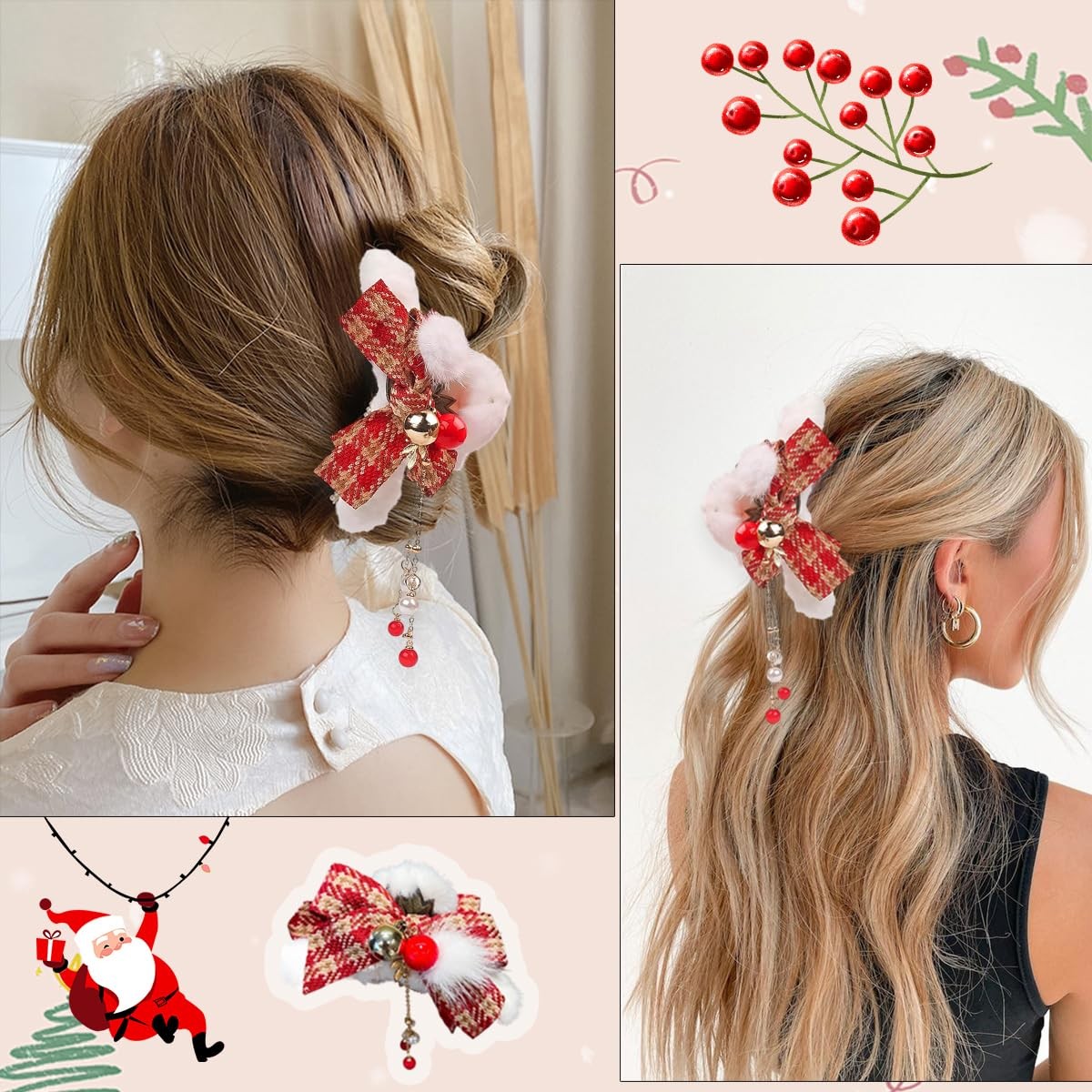 1Pcs Christmas Hair Bow Clips for Women Xmas Winter 3 Count (Pack of 1), Red