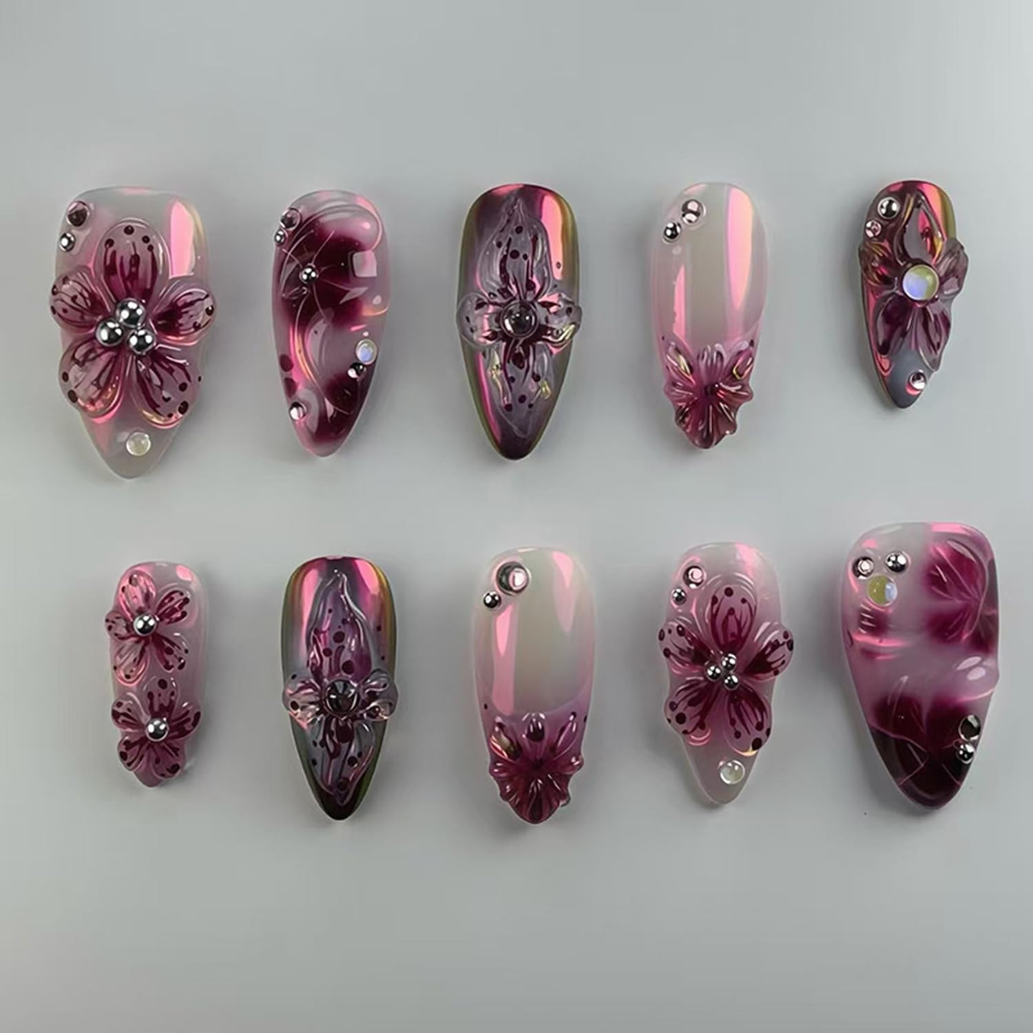 Purple Flowers Press on Nails Medium Length Almond Fake Nails 3D Cute Flower Fal