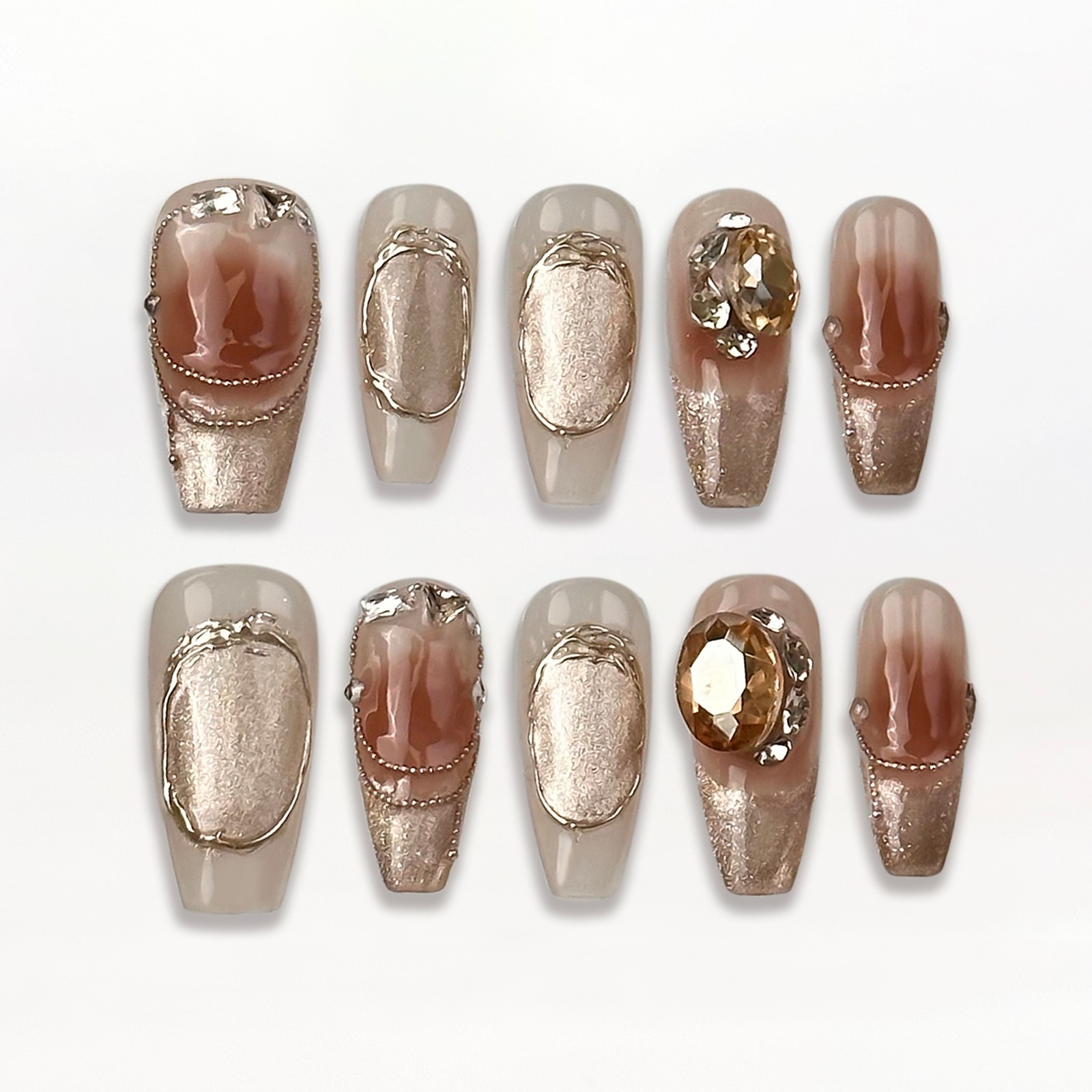 Marble Brown Cat Eye Amber Press On Nails, 3D Gold Luxury Handmade Nail Set
