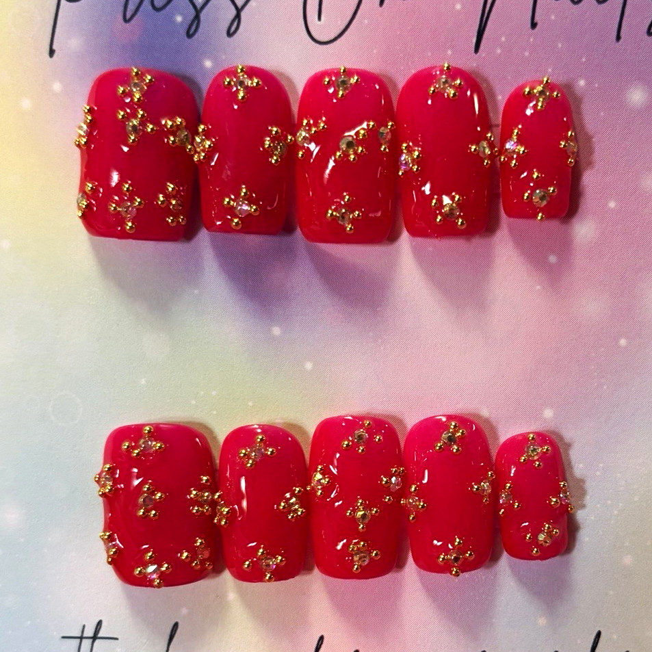 Handmade Pink/Gold Glitter Sparkle Square Press-On Nails, Short, Pre-Designed