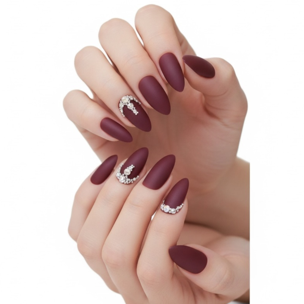 Diamond Red Burgundy 3D Crystal Design Matte Stiletto Long Press On Nails Set