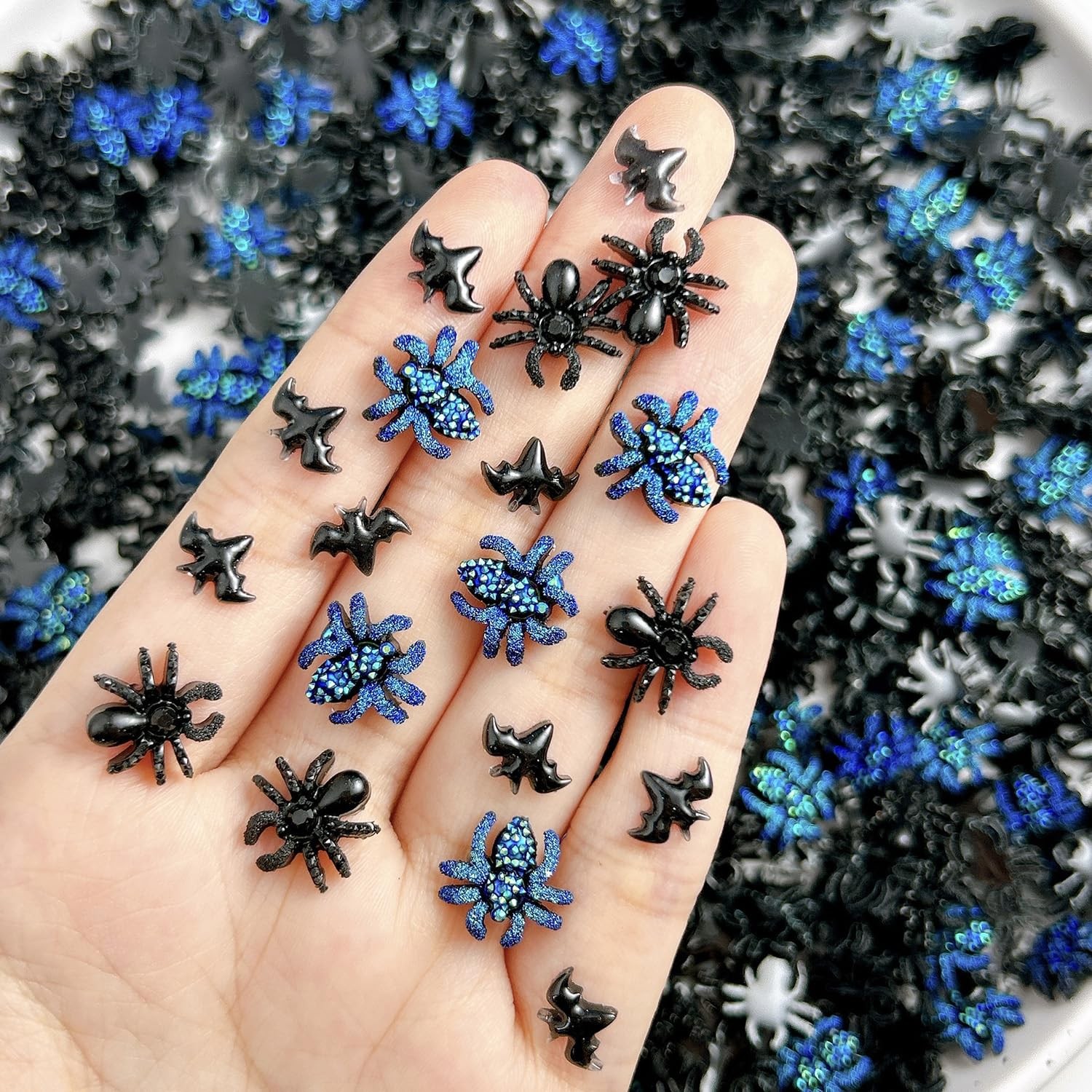 60Pcs Halloween Nail Charms Glitter Blue Spider Nail Rhinestones 3D Resin Bla…