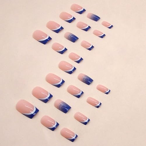Blue Press on Nails Medium French Tip Fake Nails Square Glue on Blue French Tip