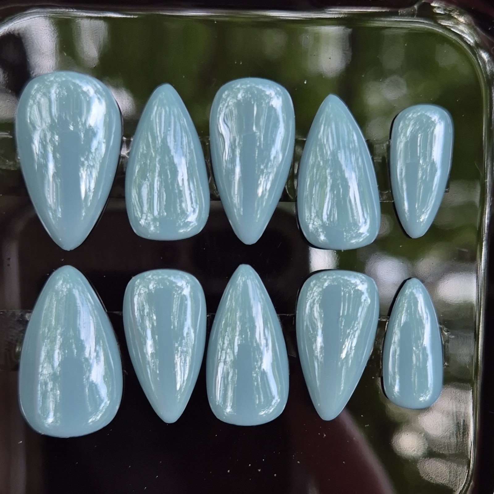 Gray-Blue Shiny Almond Medium Press-On Nails Set Pre-Designed Full Cover