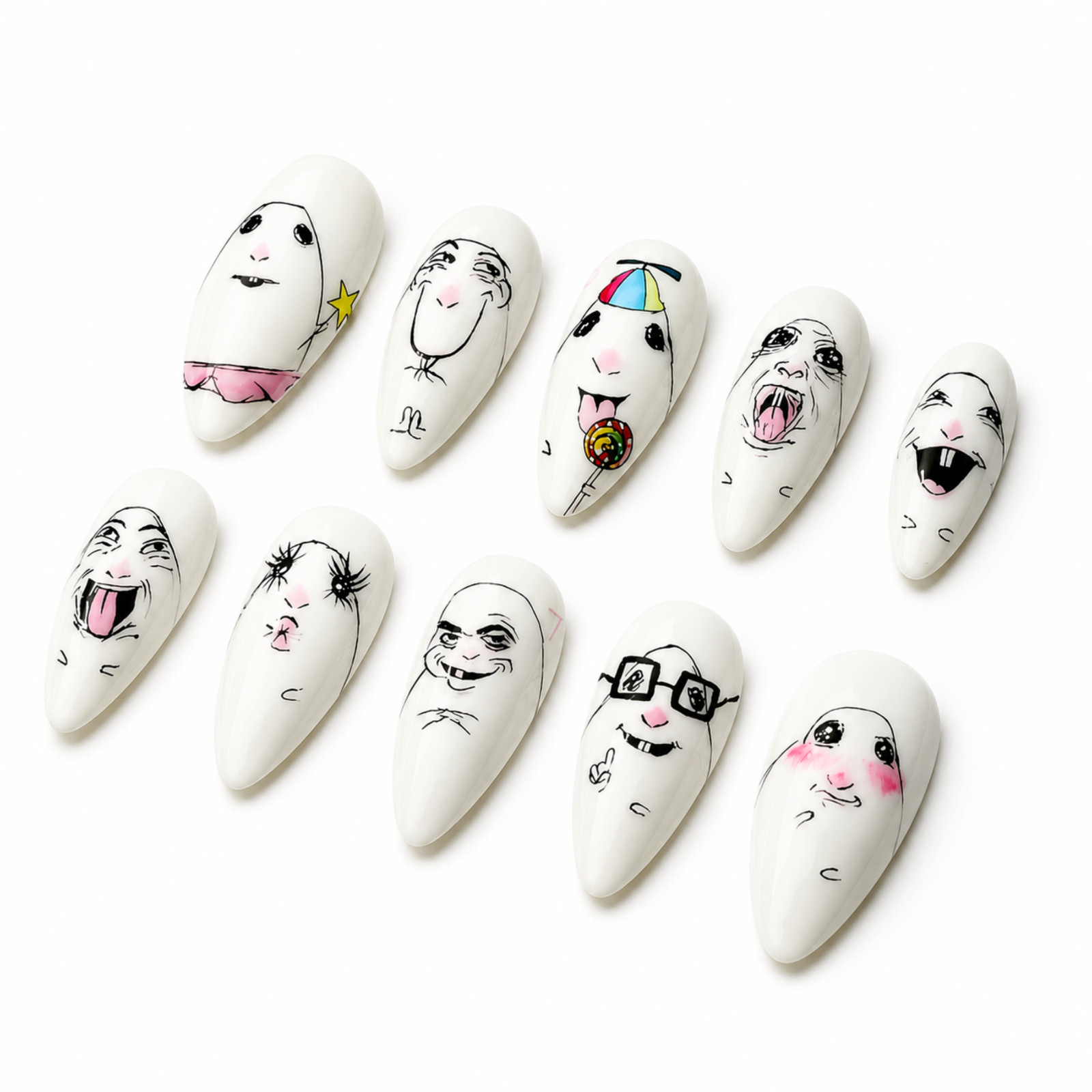 Handmade Funny Animal Face Press On Nails White Cartoon Nail Art Set